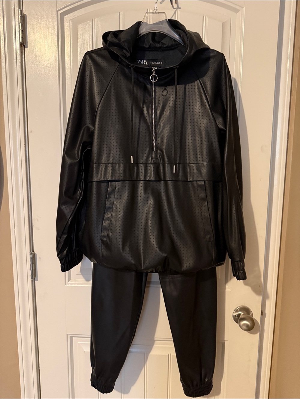 ZARA Black Faux Leather Hooded Pullover and Joggers Set